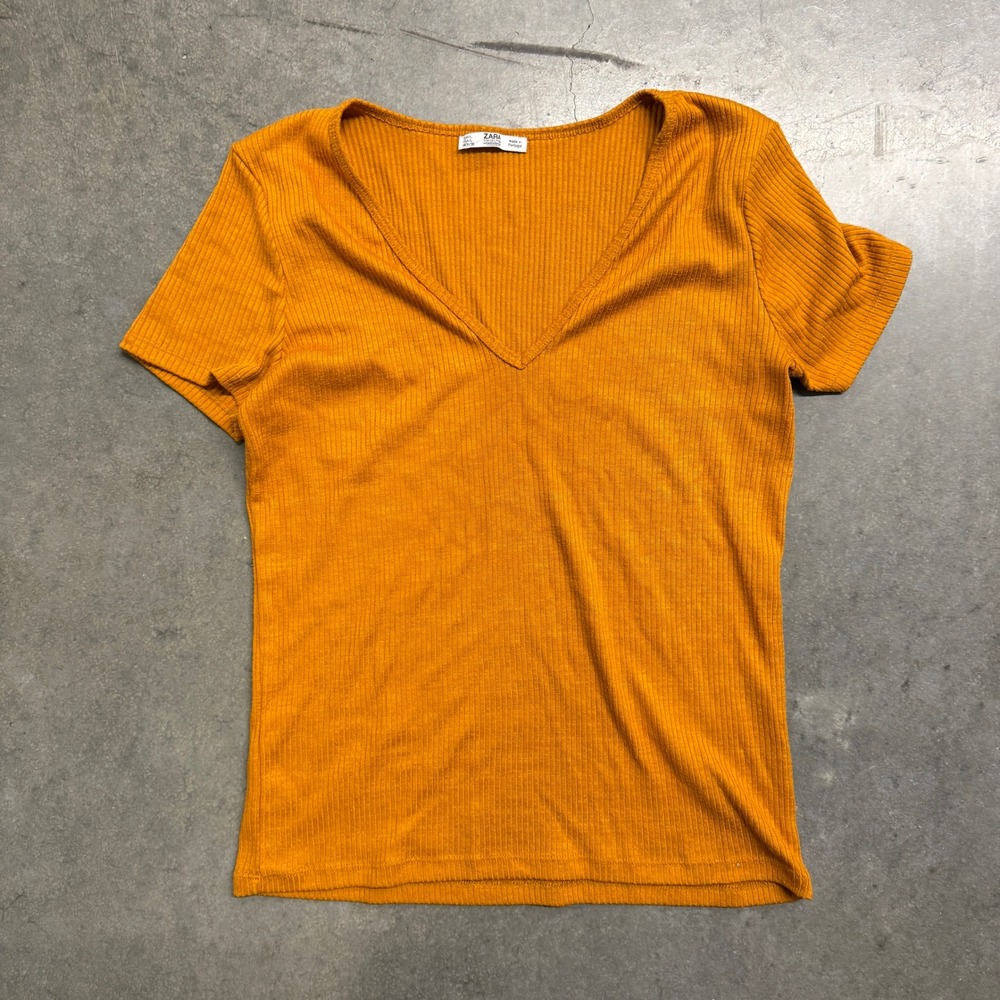 Zara Woman Basic Ribbed V-Neck Short Sleeve Top Mustard Yellow Orange‎ Size L